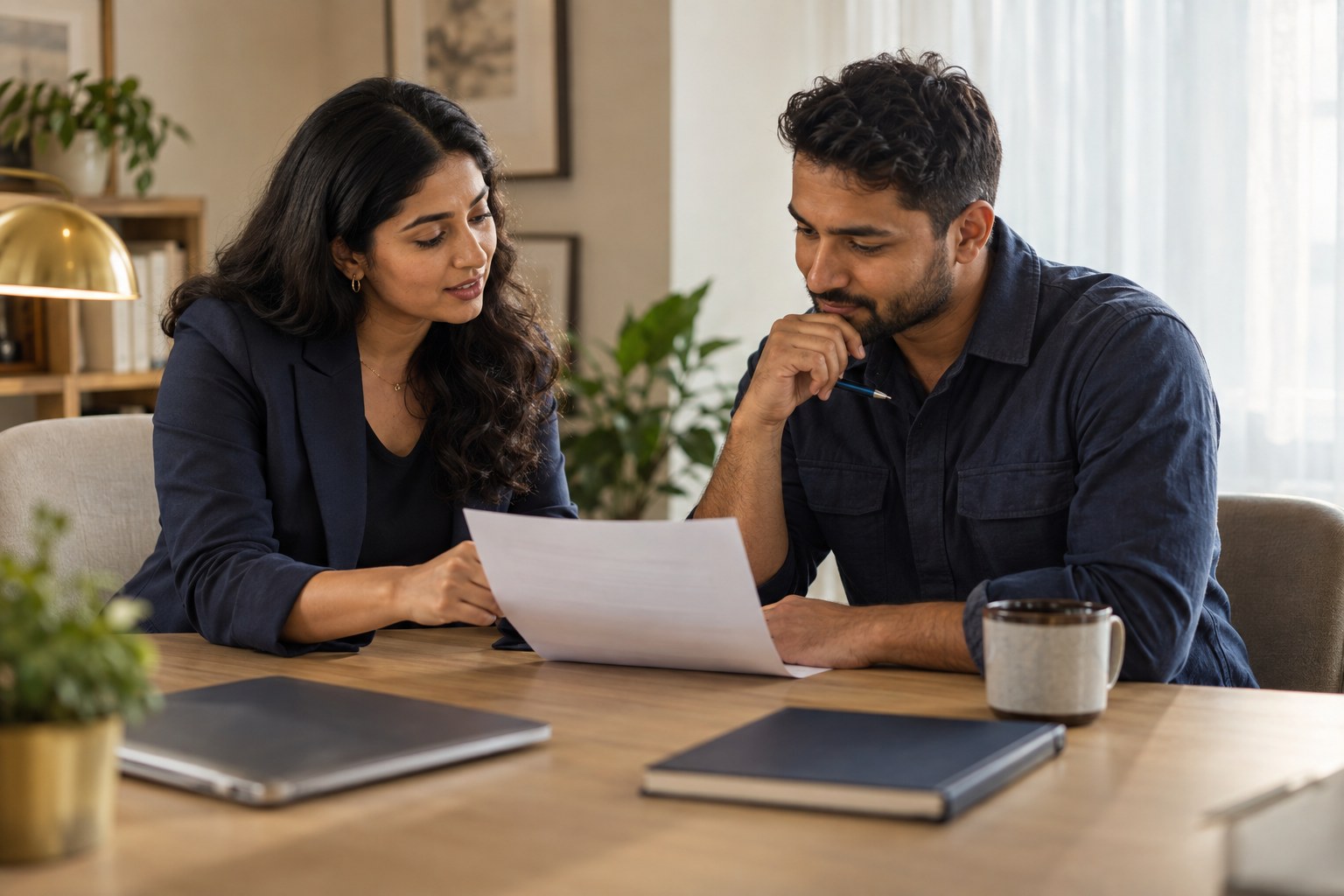 Illustrative career consultation with an adviser reviewing a candidate’s CV