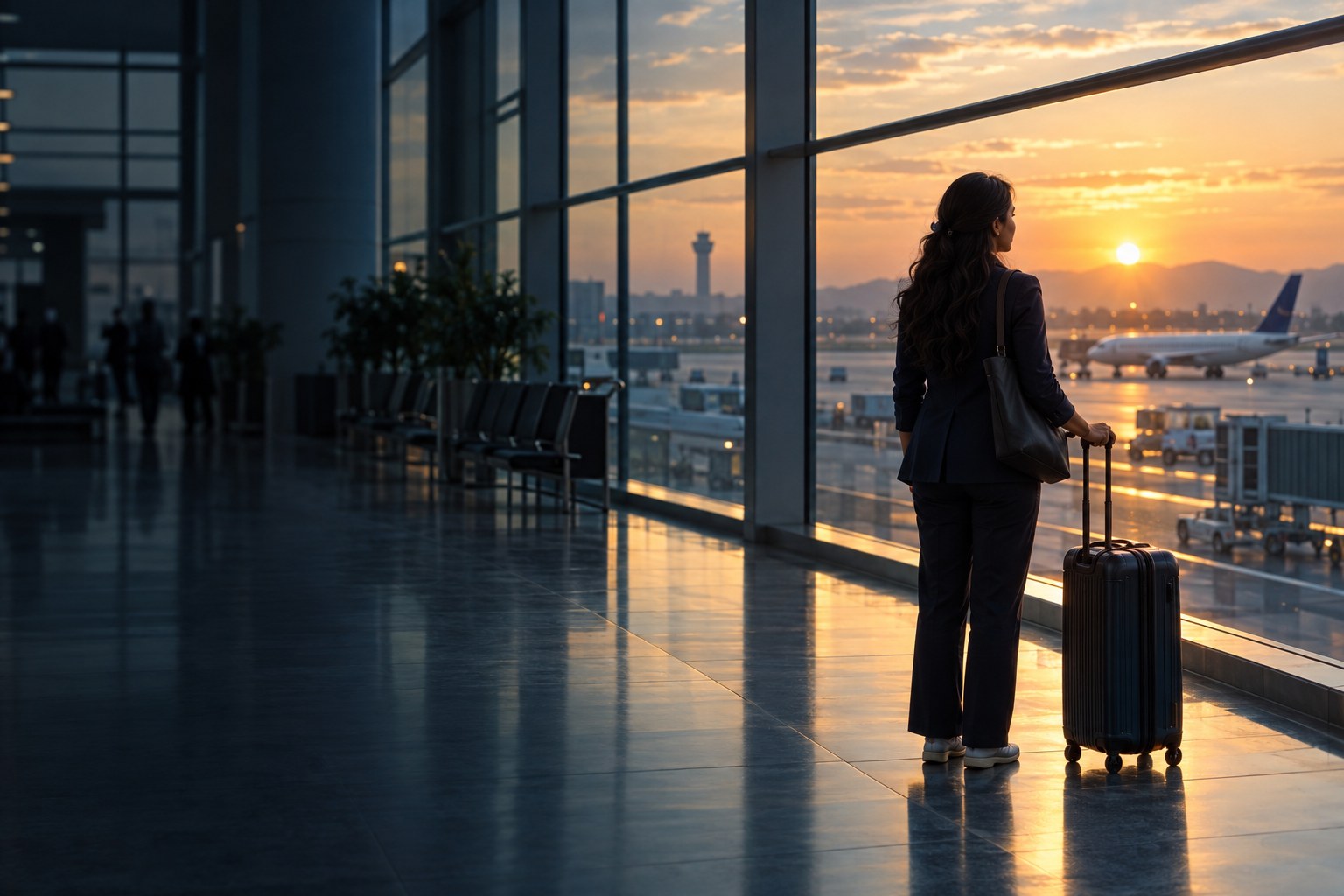 Illustrative scene of a traveller looking towards an aircraft at sunrise