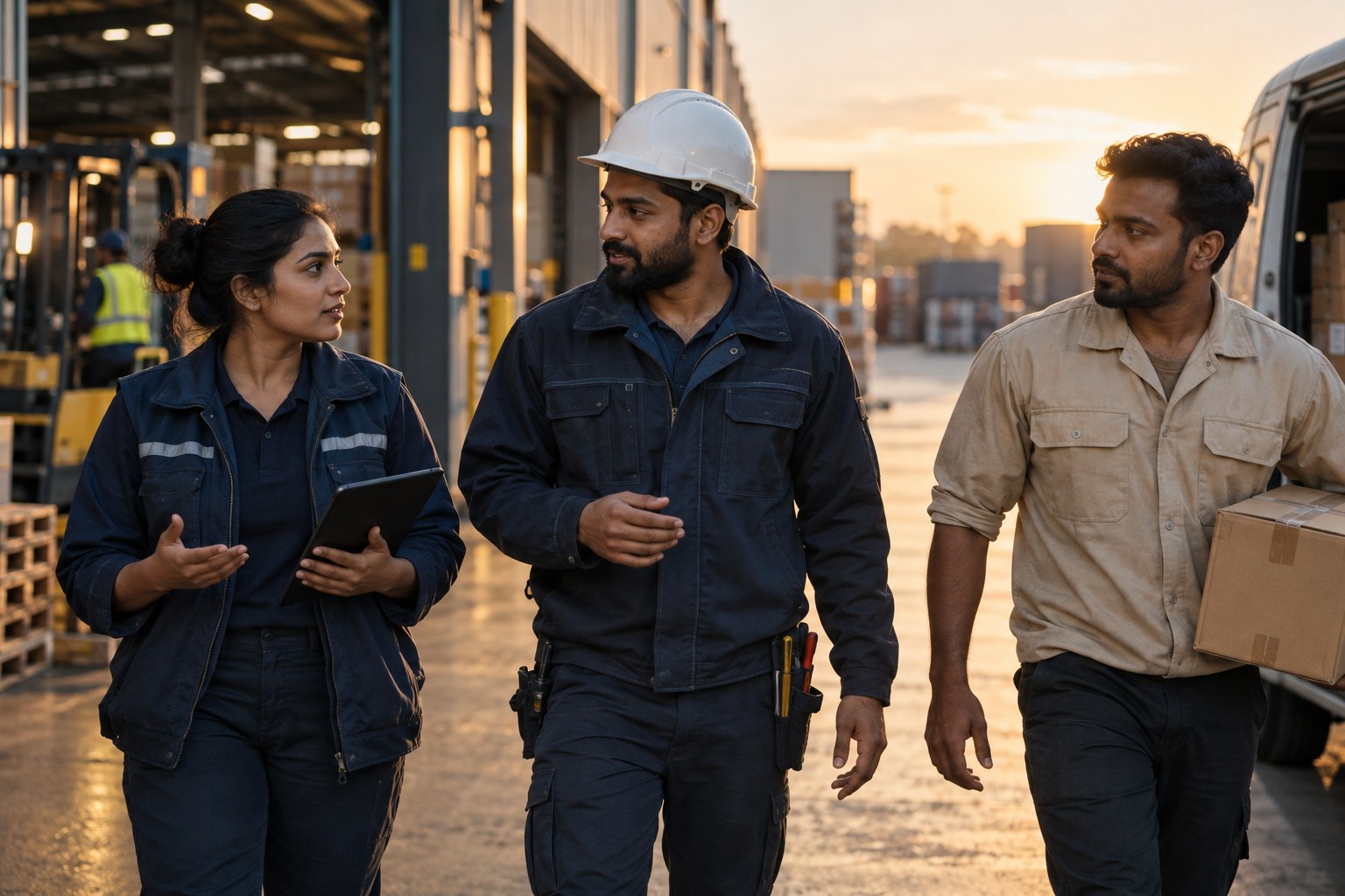 Illustrative editorial scene of skilled professionals in a logistics workplace